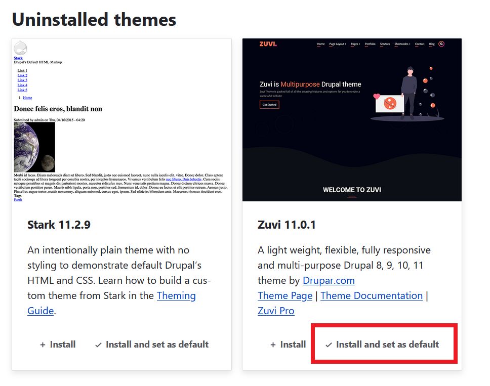 install Zuvi Drupal theme.